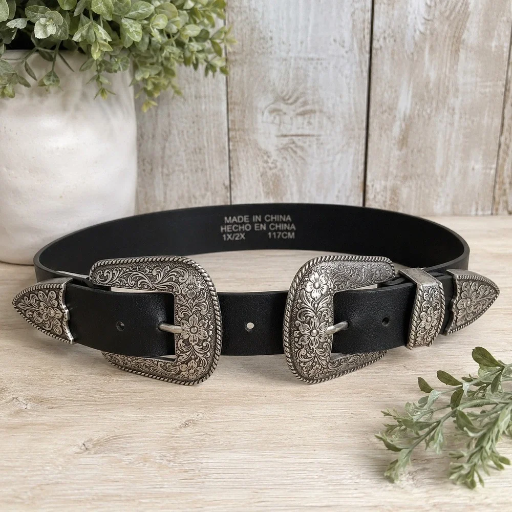 Double Buckle Western Belt Womens 1X/2X Black Silver Floral Engraved